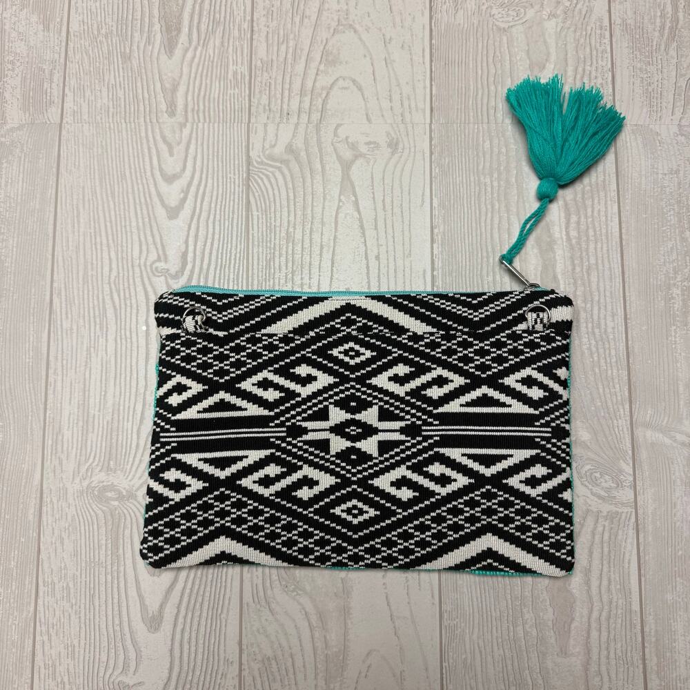 America & Beyond Beaded Zebra Clutch Purse Turquoise Black White Tassel Boho Bag - Picture 4 of 7